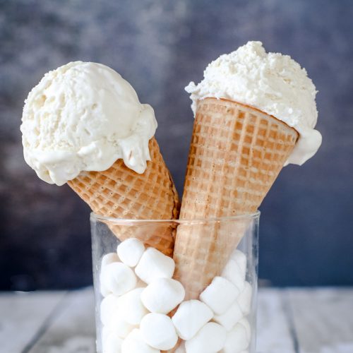 straight on view of two cones of marshmallow ice cream
